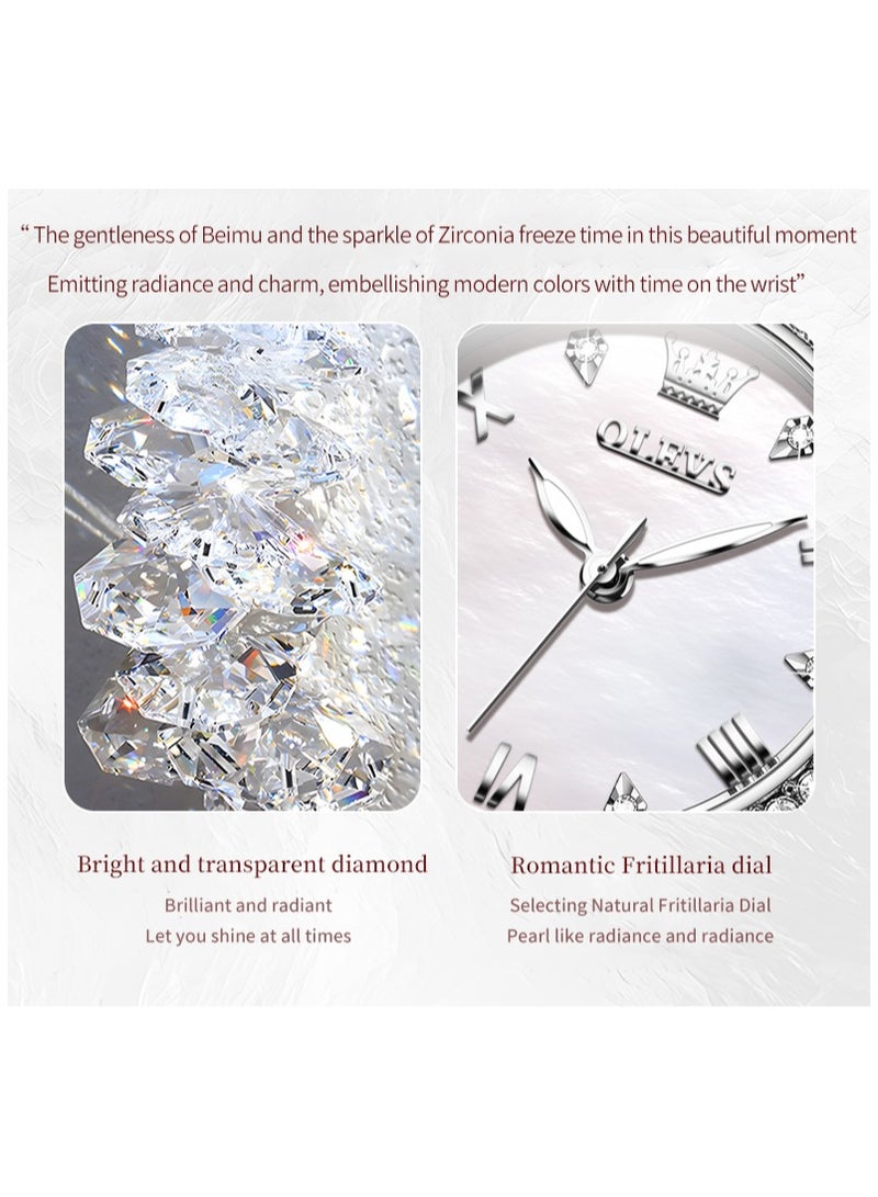 أوليفز ساعة يد نسائية بقرص من عرق اللؤلؤ المرصع بالألماس، سوار فاخر بتصميم ذيل السمكة من الفولاذ المقاوم للصدأ، مقاومة للماء، مضيئة، بمرآة مطلية عالية الصلابة - Image 3