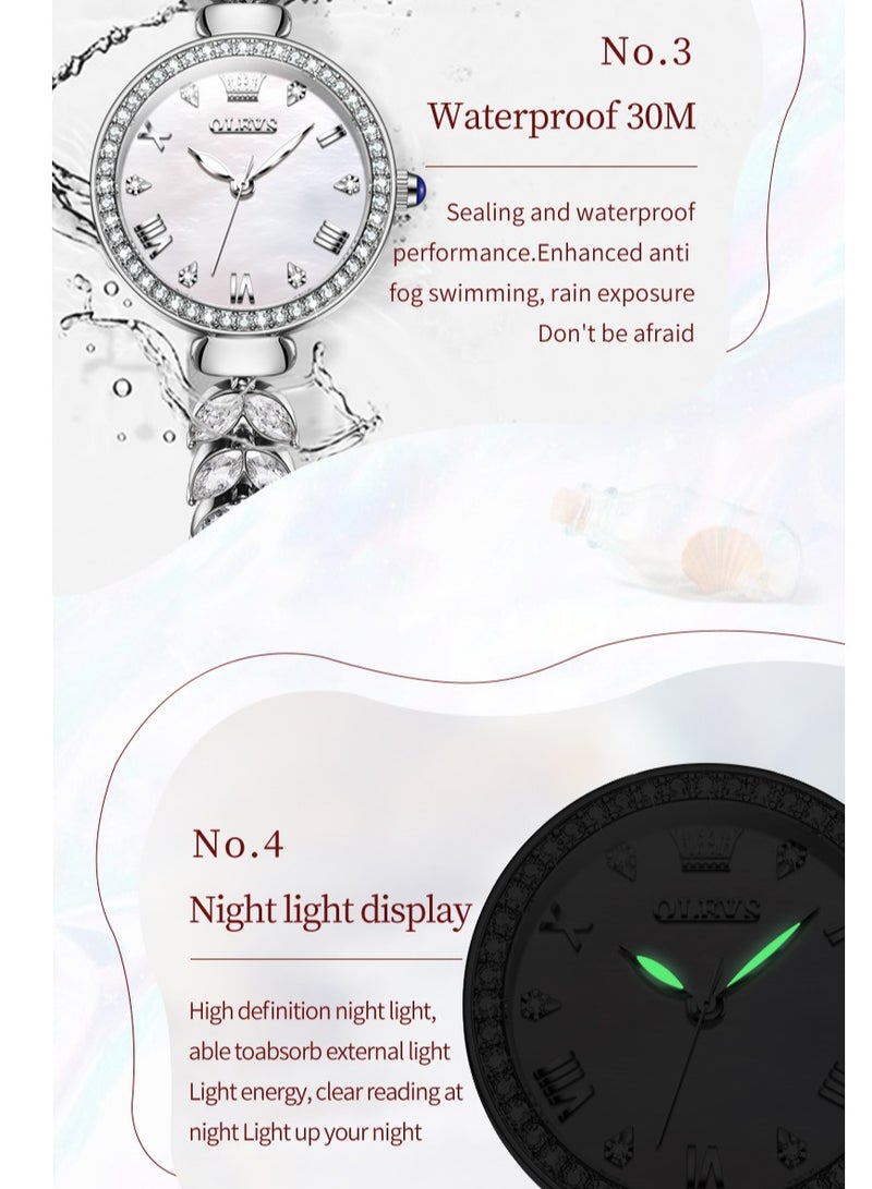 أوليفز ساعة يد نسائية بقرص من عرق اللؤلؤ المرصع بالألماس، سوار فاخر بتصميم ذيل السمكة من الفولاذ المقاوم للصدأ، مقاومة للماء، مضيئة، بمرآة مطلية عالية الصلابة - Image 5