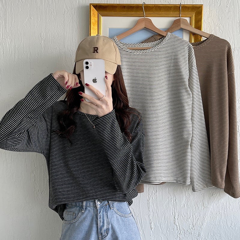 Hong Kong Style Chic Striped Long-Sleeved T-Shirt 2022 New Lazy Loose Slimming Inner Wearing Outer Wearing Base Shirt - Image 2