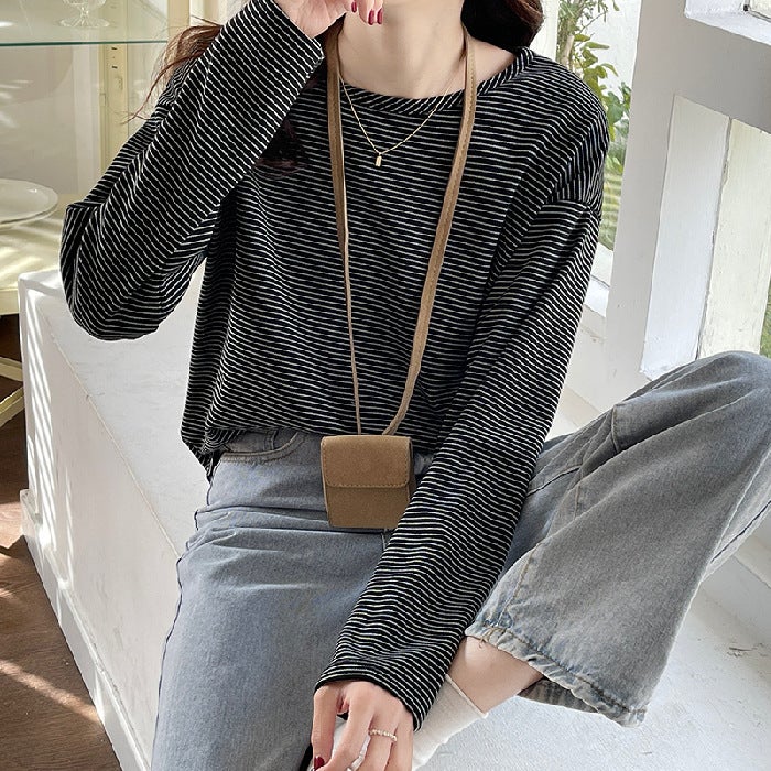 Hong Kong Style Chic Striped Long-Sleeved T-Shirt 2022 New Lazy Loose Slimming Inner Wearing Outer Wearing Base Shirt - Image 1
