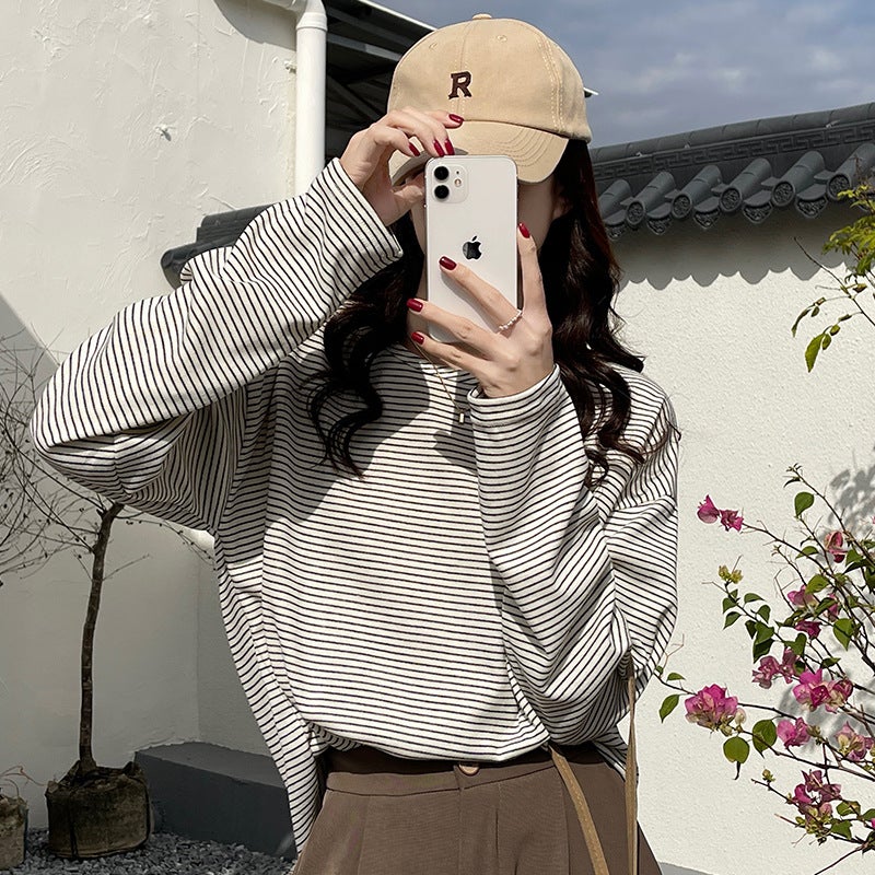 Hong Kong Style Chic Striped Long-Sleeved T-Shirt 2022 New Lazy Loose Slimming Inner Wearing Outer Wearing Base Shirt - Image 4