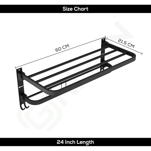 GRIVAN Premium Stainless Steel 24 Inch Foldable Towel Rack/Shelf/Stand for Bathroom, Towel Holder with Hooks and Hanger (Black Matte, Pack of 1) - Image 2