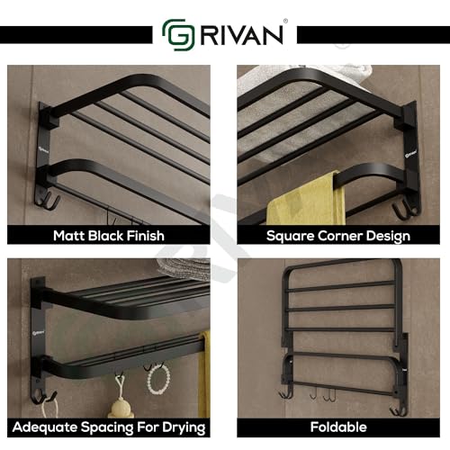 GRIVAN Premium Stainless Steel 24 Inch Foldable Towel Rack/Shelf/Stand for Bathroom, Towel Holder with Hooks and Hanger (Black Matte, Pack of 1) - Image 4