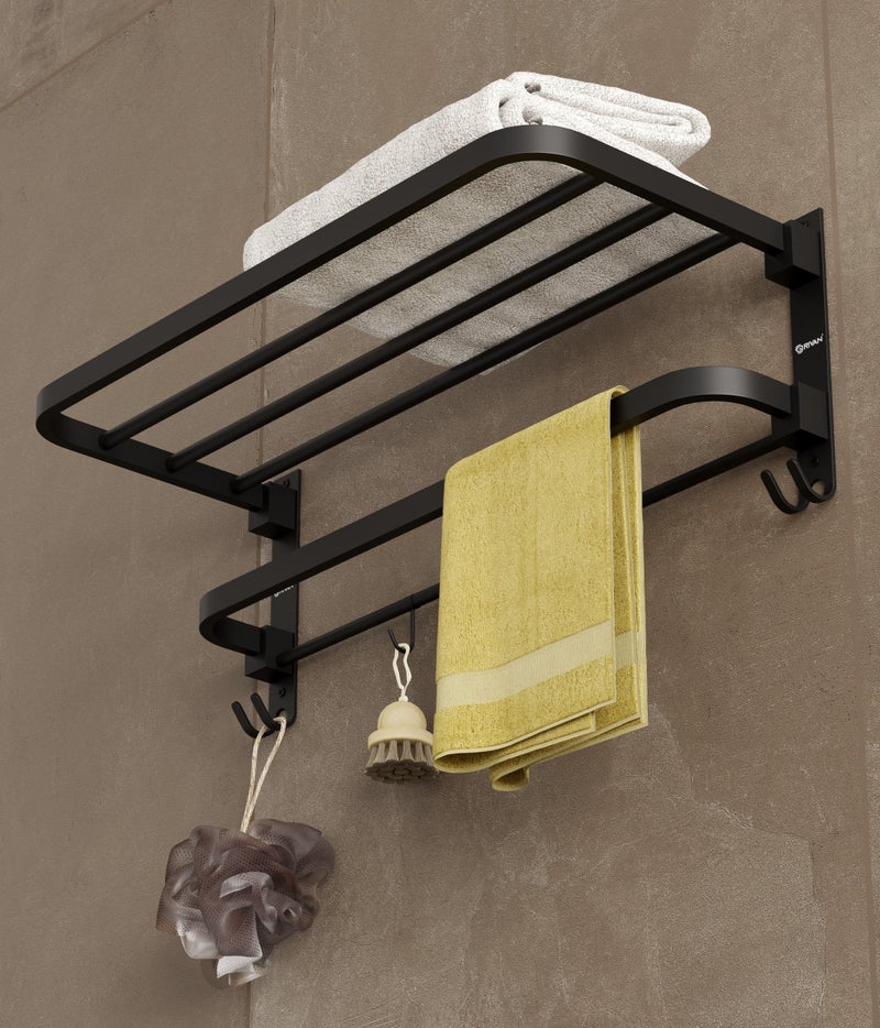 GRIVAN Premium Stainless Steel 24 Inch Foldable Towel Rack/Shelf/Stand for Bathroom, Towel Holder with Hooks and Hanger (Black Matte, Pack of 1) - Image 1