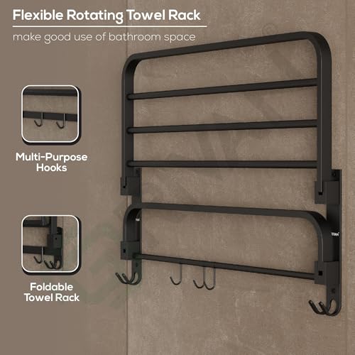 GRIVAN Premium Stainless Steel 24 Inch Foldable Towel Rack/Shelf/Stand for Bathroom, Towel Holder with Hooks and Hanger (Black Matte, Pack of 1) - Image 5