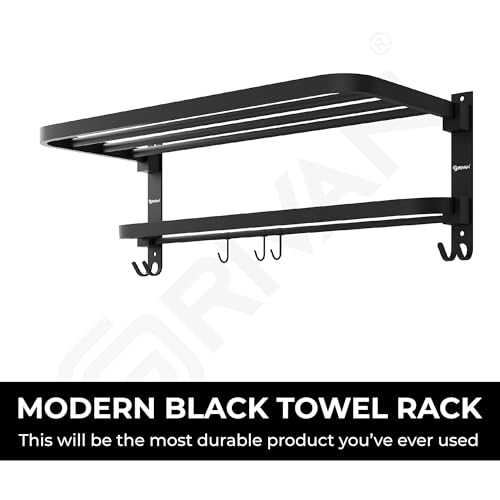 GRIVAN Premium Stainless Steel 24 Inch Foldable Towel Rack/Shelf/Stand for Bathroom, Towel Holder with Hooks and Hanger (Black Matte, Pack of 1) - Image 3
