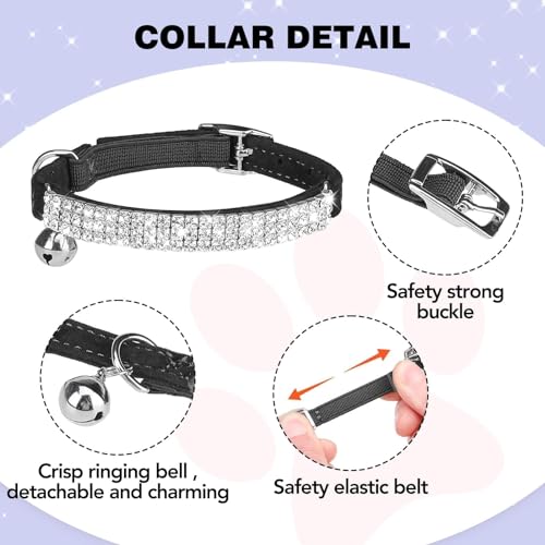 BINGPET Diamond Cat Collar, Adjustable Soft Velvet Leather Safe Kitten Collar with Shiny Rhinestones and Bells, Girl Boy Bling Stylish Cat Collars with Safety Elastic for Small Medium Cats,Black - Image 3