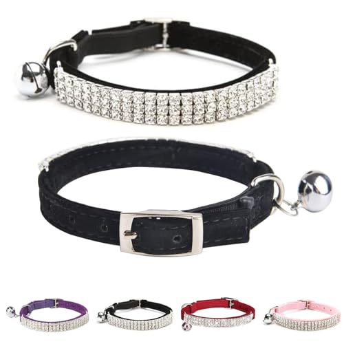 BINGPET Diamond Cat Collar, Adjustable Soft Velvet Leather Safe Kitten Collar with Shiny Rhinestones and Bells, Girl Boy Bling Stylish Cat Collars with Safety Elastic for Small Medium Cats,Black - Image 1