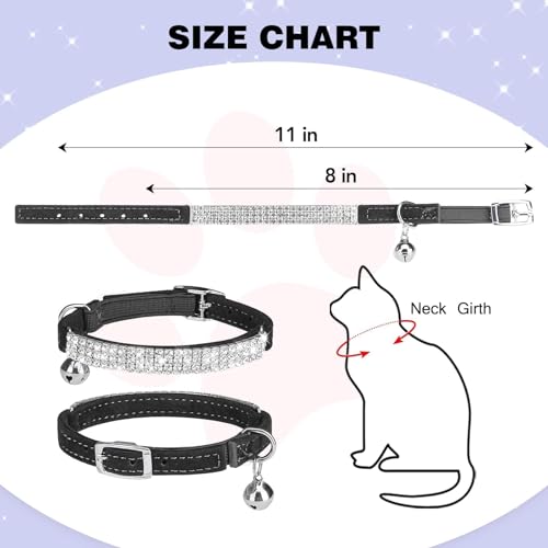 BINGPET Diamond Cat Collar, Adjustable Soft Velvet Leather Safe Kitten Collar with Shiny Rhinestones and Bells, Girl Boy Bling Stylish Cat Collars with Safety Elastic for Small Medium Cats,Black - Image 4