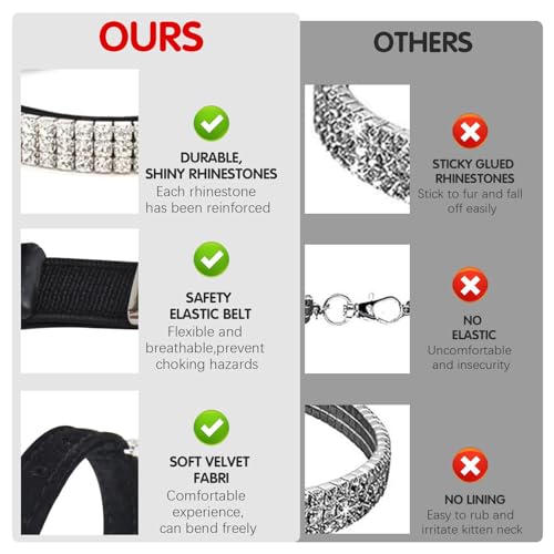 BINGPET Diamond Cat Collar, Adjustable Soft Velvet Leather Safe Kitten Collar with Shiny Rhinestones and Bells, Girl Boy Bling Stylish Cat Collars with Safety Elastic for Small Medium Cats,Black - Image 2