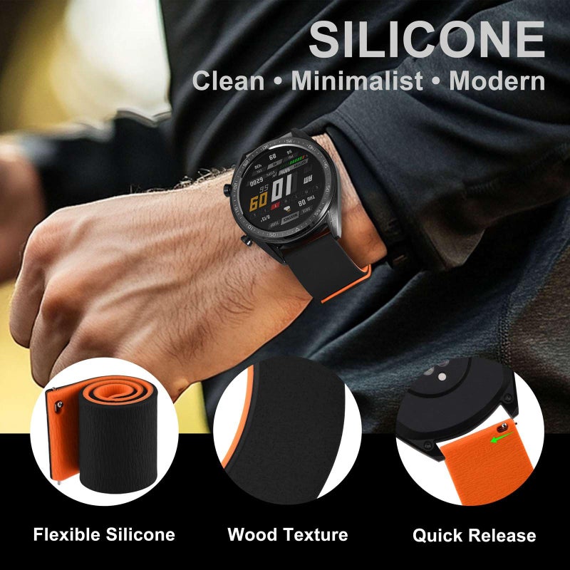 WOCCI 20mm Magnetic Watch Band, Wood Grain Silicone, Quick Release (Black+Orange) - Image 4