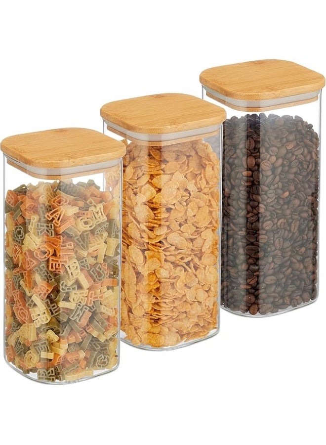 Lynacz Original Glass Food Storage Jars Containers set 1.5L,with Airtight Bamboo lids Set of 3,for Spices Noodles Flour Cereal Rice Sugar Tea Coffee Beans, Square (3 Pack, 1500ml)