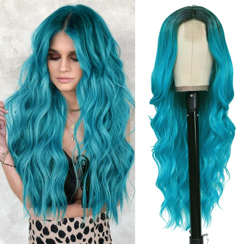 NAYOO Long Ombre Bluish Green Wavy Wig for Women 26 Inch Middle Part Curly Wavy Wig Natural Looking Synthetic Heat Resistant Fiber for Daily Party Use Ombre Bluish Green