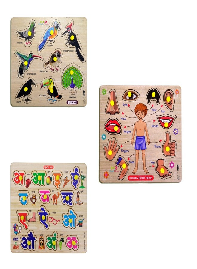 HIGHROOF® Kids Fort Pre Nursery Educational Jigsaw Puzzles for Adults Kids Learning Toys Kit Board Game 3 pcs Set of Birds Human Body Parts & Hindi Letters Educational Toy - Image 1