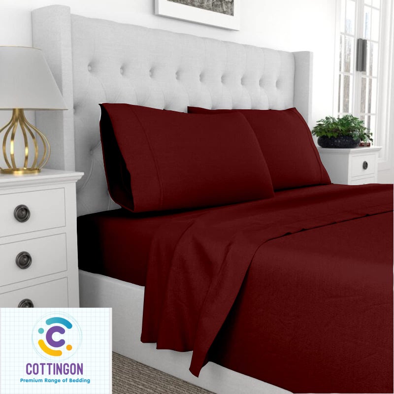 Cottingon Short Queen Sheets for Rv Camper -Short Queen Cotton Sheets for Rv Camper 4 Pcs Cotton Bed Sheet Set to Fit Upto 15"" Deep Mattress : 60"" X 75"" -Burgundy Solid  - Image 3