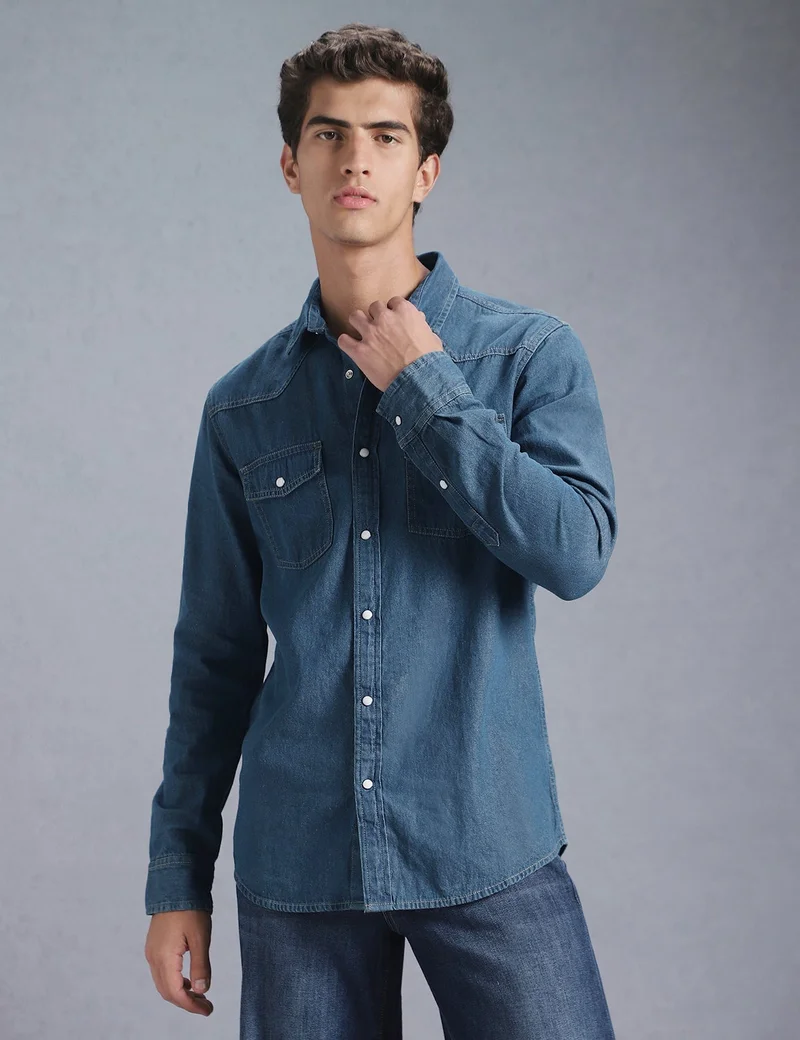 inkd Denim Drama Men's Full Sleeve Denim Shirt - Regular Fit | Double Pocket | Denim Shirts for Men | Men's Casual Shirts for Men | Best Price UAE