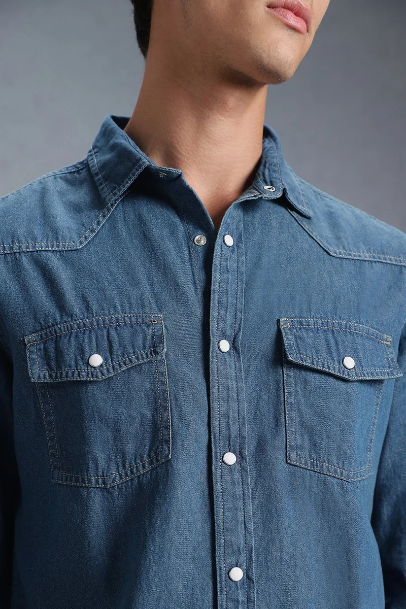inkd Denim Drama Men's Full Sleeve Denim Shirt - Regular Fit | Double Pocket | Denim Shirts for Men | Men's Casual Shirts for Men | Best Price UAE