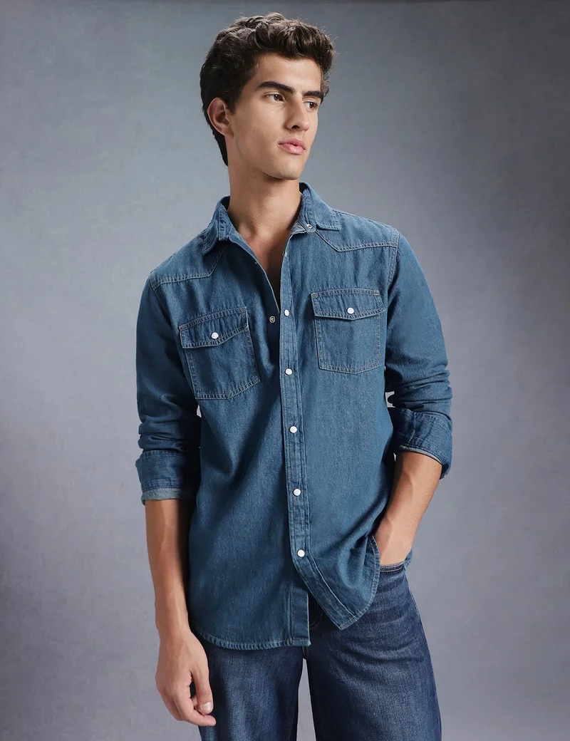 inkd Denim Drama Men's Full Sleeve Denim Shirt - Regular Fit | Double Pocket | Denim Shirts for Men | Men's Casual Shirts for Men | Best Price UAE