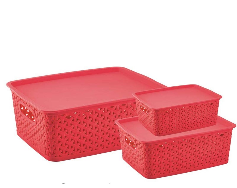 Nabhya Multi-Size Multipurpose Premium Plastic Basket Storage with Lid (Red) -3 Piece Set - Image 1