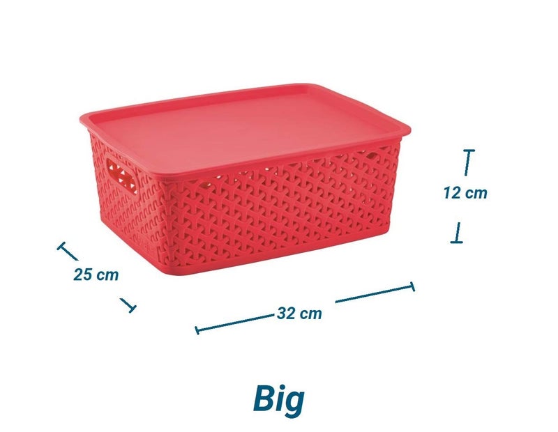 Nabhya Multi-Size Multipurpose Premium Plastic Basket Storage with Lid (Red) -3 Piece Set - Image 3