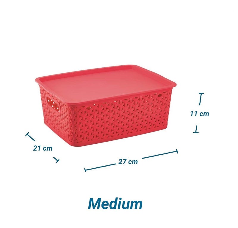 Nabhya Multi-Size Multipurpose Premium Plastic Basket Storage with Lid (Red) -3 Piece Set - Image 4