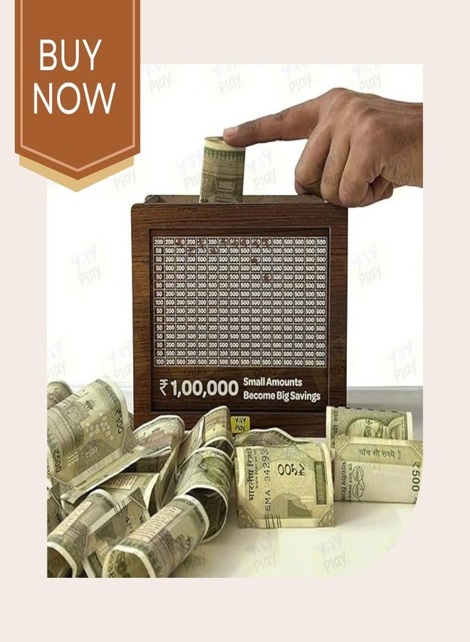 حصالة نقود خشبية 100000 للكبار والصغار | صندوق نقود بتصميم منحوت | صندوق توفير | حصالة مع مخطط توفير | متتبع أهداف جمع النقود بالأرقام - Image 2