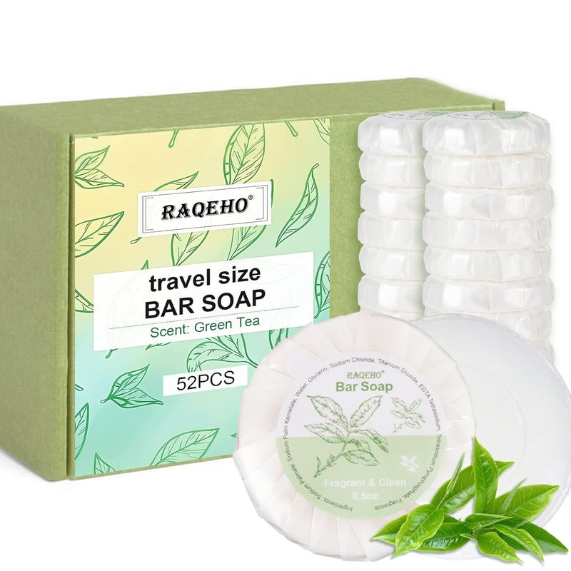 RAQEHO 52 Mini Bar Soap Bulk Travel Soap Individually Wrapped Body Bath Gentle Soap Bars Men Women Travel Size Toiletries for Homeless Hotel Essentials for Guest Bathroom AirbnbGreen Tea - Image 1