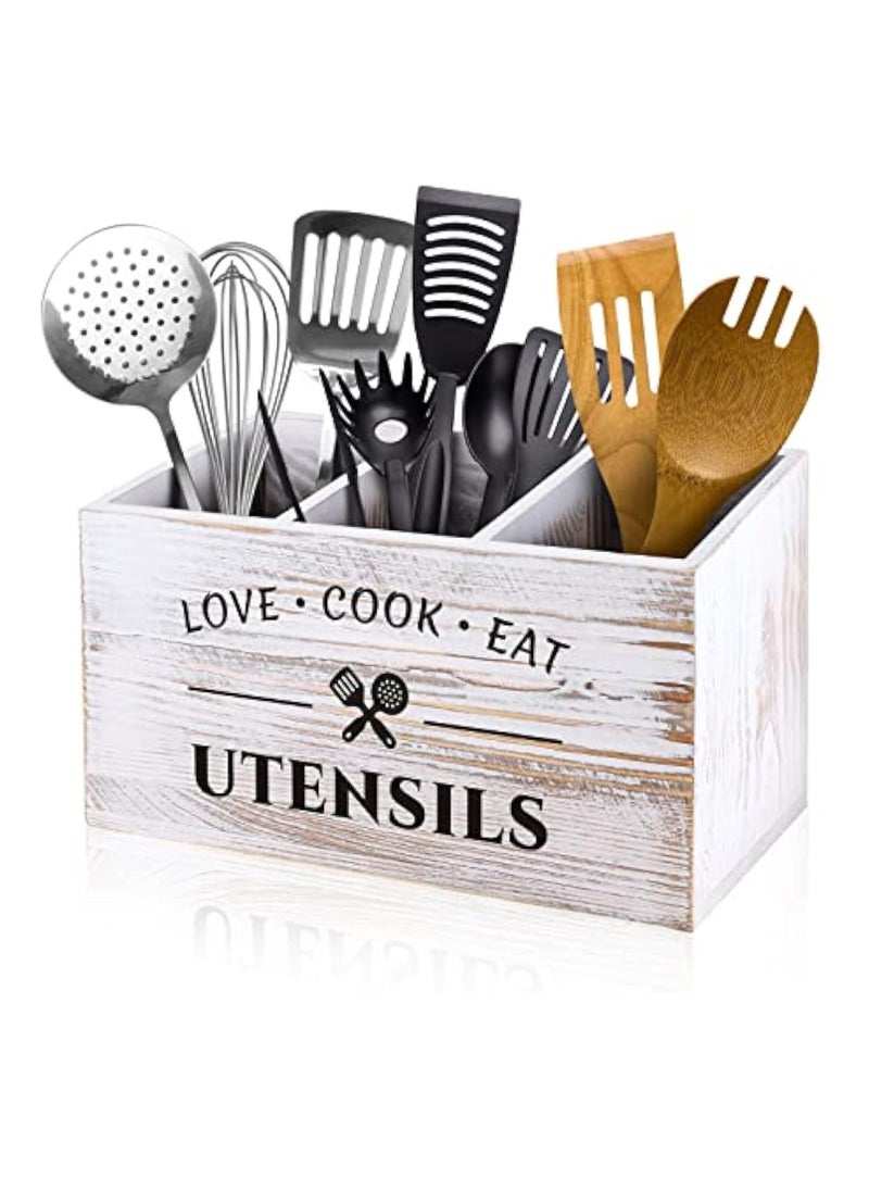Arabest Wood Kitchen Utensil Caddy with 3 Compartments, Rustic Farmhouse Style, Ideal for Storage and Organization, White  - Image 1