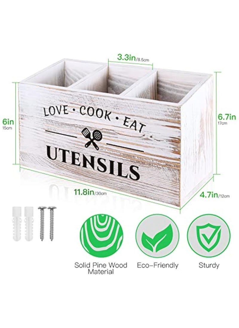 Arabest Wood Kitchen Utensil Caddy with 3 Compartments, Rustic Farmhouse Style, Ideal for Storage and Organization, White  - Image 2