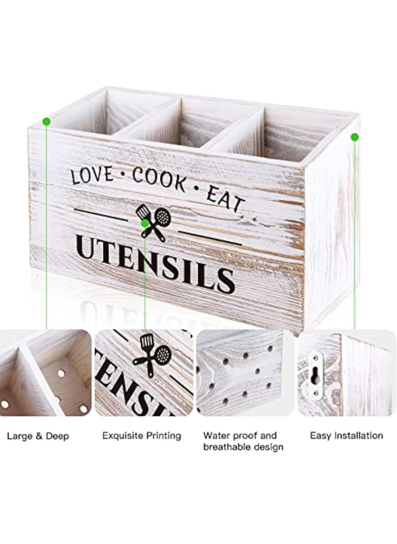 Arabest Wood Kitchen Utensil Caddy with 3 Compartments, Rustic Farmhouse Style, Ideal for Storage and Organization, White  - Image 3