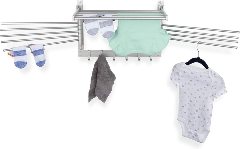 brightmaison BGT Wash Clothes Drying Rack Wall Mount Laundry Room Organizer with Hooks & Swing Arms, 17" Metal Laundry Rack Silver - Image 3