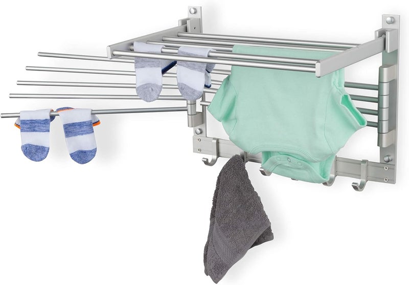 brightmaison BGT Wash Clothes Drying Rack Wall Mount Laundry Room Organizer with Hooks & Swing Arms, 17" Metal Laundry Rack Silver - Image 1