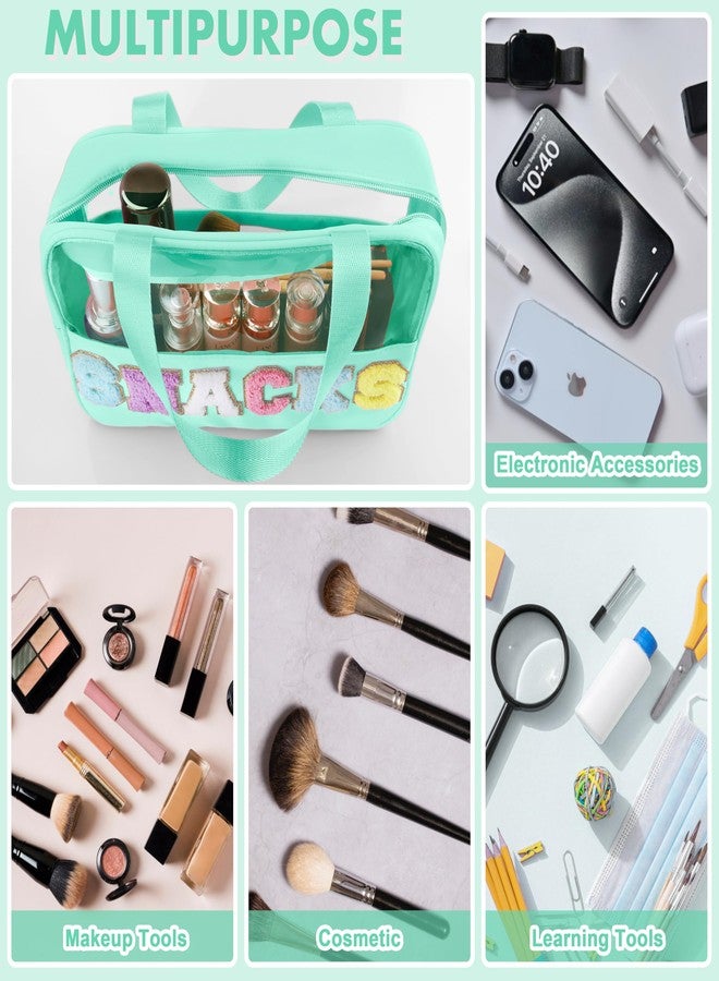 TESAFNG Chenille Letter Patch Clear Bag,Preppy Multi-purpose PVC&Nylon Clear Makeup Bag with Handles, Snack-Green, Preppy - Image 5