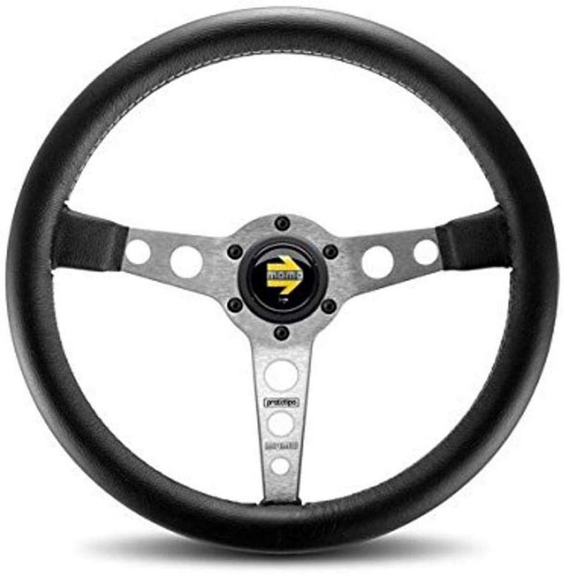 MOMO Motorsport Prototipo Steering Wheel Black Leather Grip Brushed Aluminum Spoke White Stitch 350mm