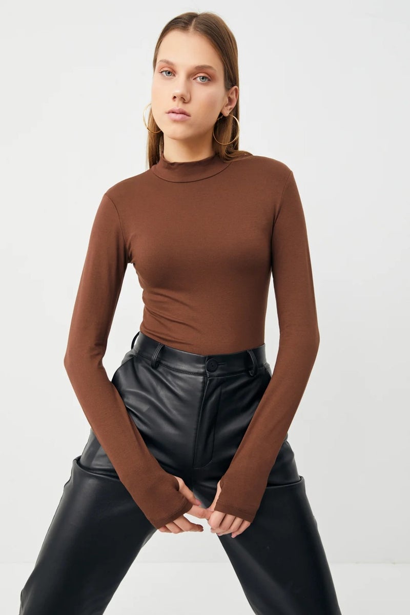 Yefra Store Women's Bitter Coffee Finger Detailed Stand Collar Basic Body  - Image 1