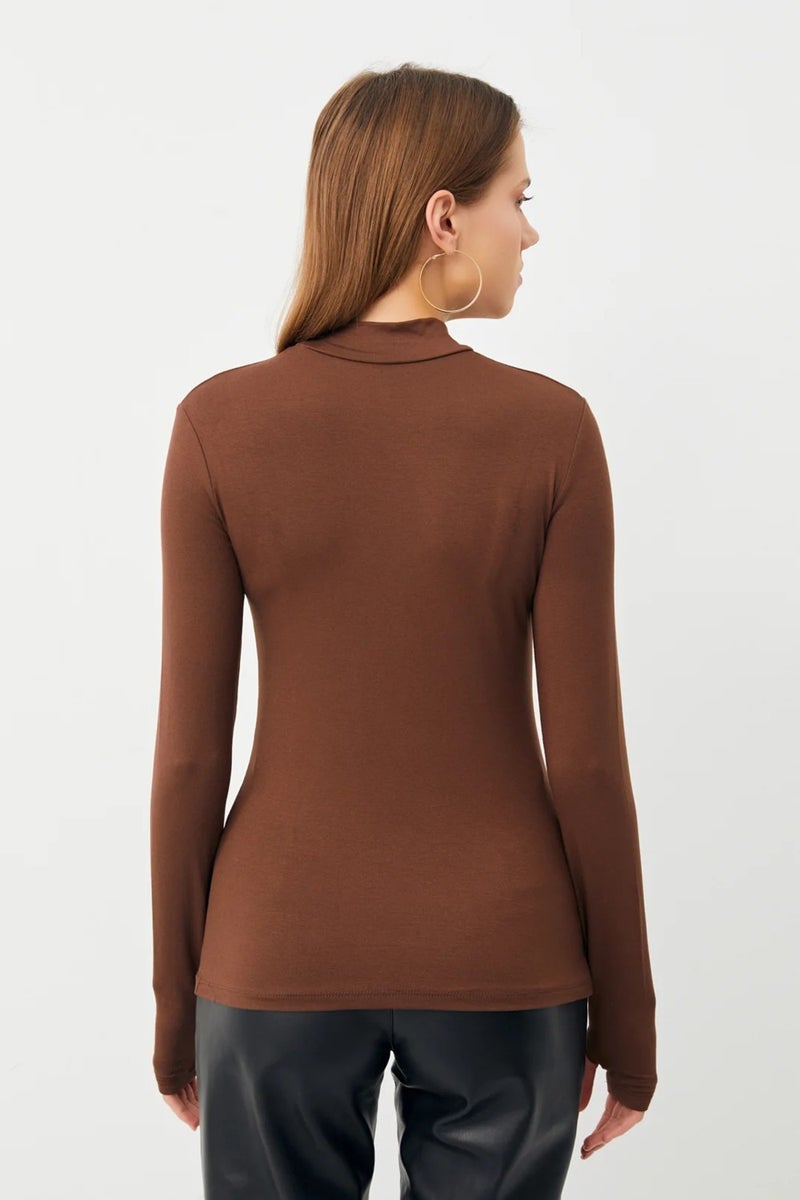 Yefra Store Women's Bitter Coffee Finger Detailed Stand Collar Basic Body  - Image 3
