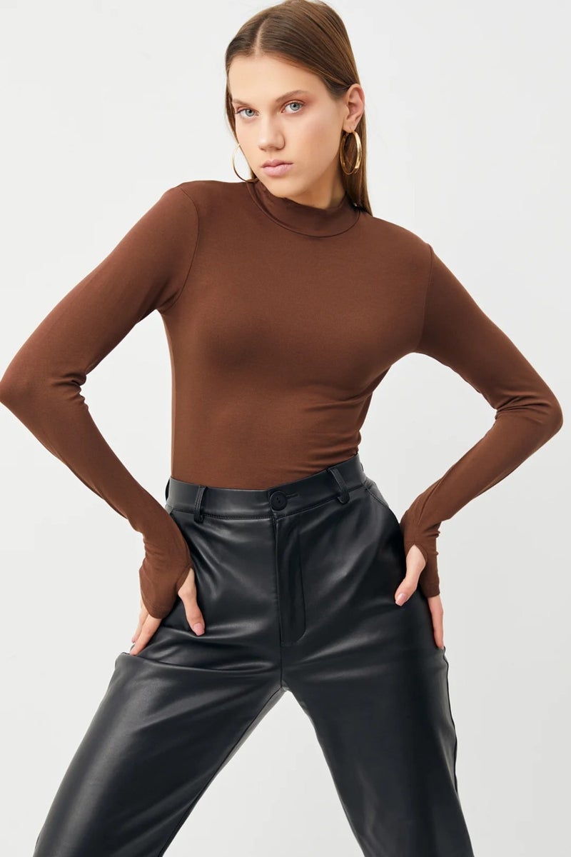 Yefra Store Women's Bitter Coffee Finger Detailed Stand Collar Basic Body  - Image 5