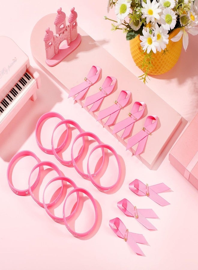 Sratte سراطة 400 قطعة دبابيس توعية بسرطان الثدي وأساور شريطية، 200 سوار مطاطي، 200 دبوس شريطي، ملحقات توعية بسرطان الثدي لفعاليات النساء هدايا تزيين (وردي) - Image 5