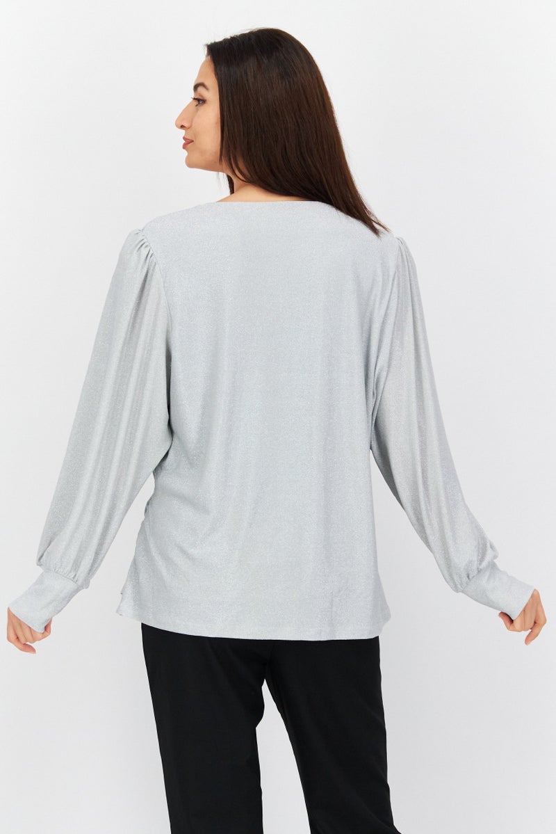city chic Women Plus Size Surplice Neck Long Sleeves Metallic Blouse, Silver - Image 4