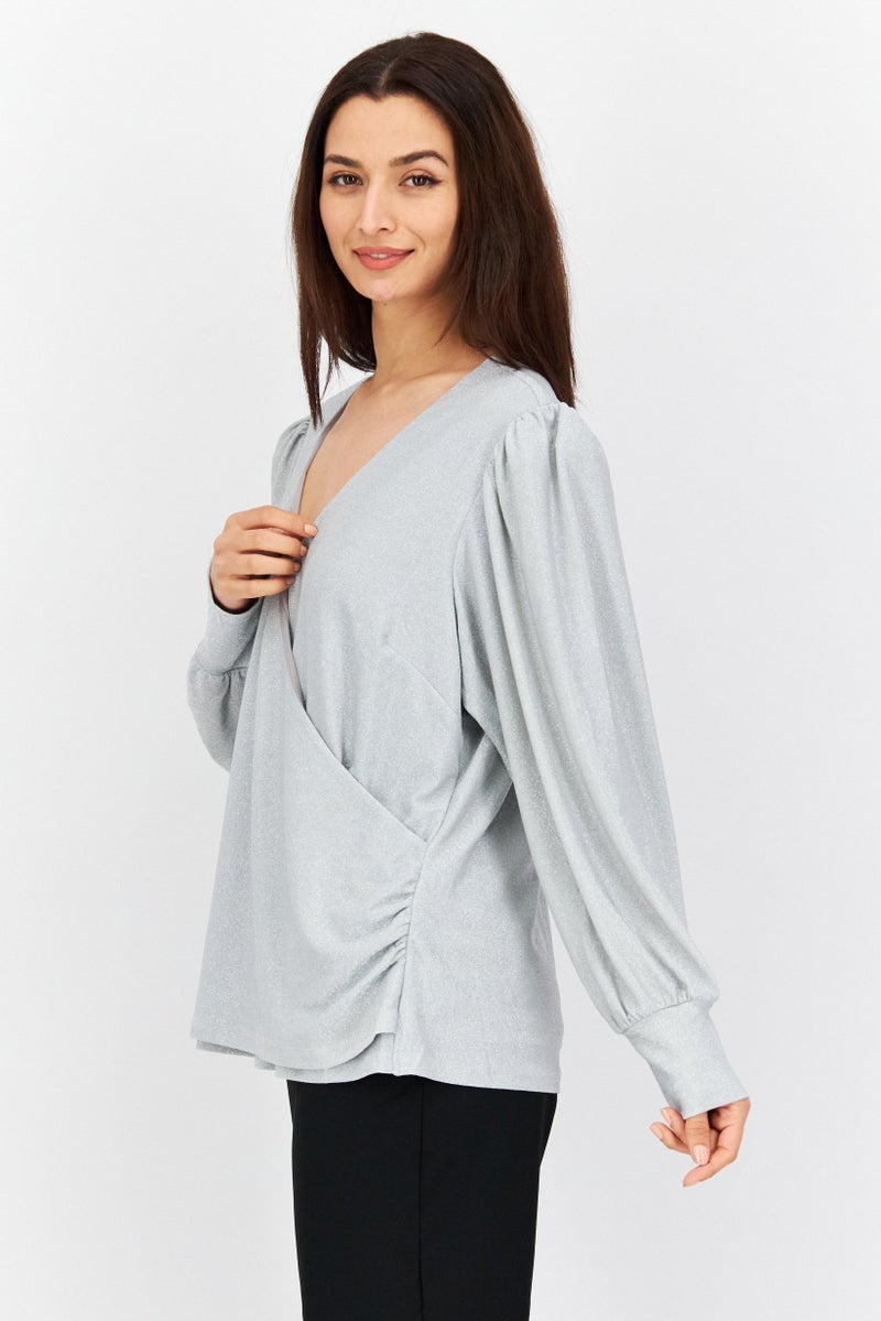 city chic Women Plus Size Surplice Neck Long Sleeves Metallic Blouse, Silver - Image 2