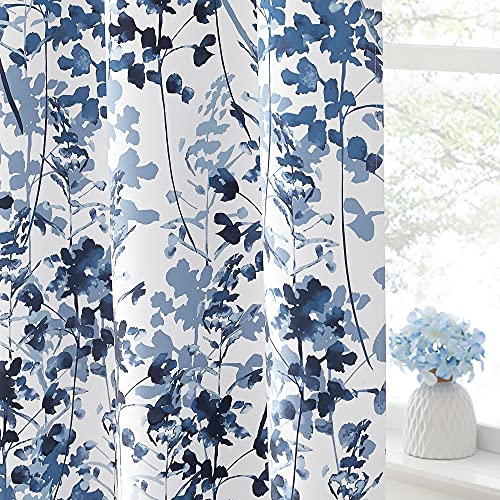KGORGE Blackout Curtains & Drapes Boho Home/Office Artistic Decor with Vivid Watercolor Floral Painting Thermal Insulated Energy Efficient Shades for Bedroom Living Room (Blue, W 52" x L 84", 1 Pair) - Image 1