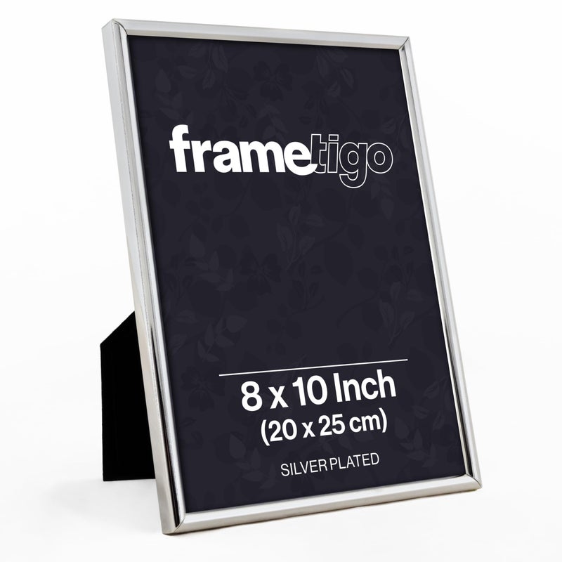 Frametigo  Silver Plated Thin Edge Photo Frame 8x10 20x25cm Photo Size  Velvet Frame Backing  Stand  Real Glass Window  TarnishResistant  Landscape or Portrait Orientation