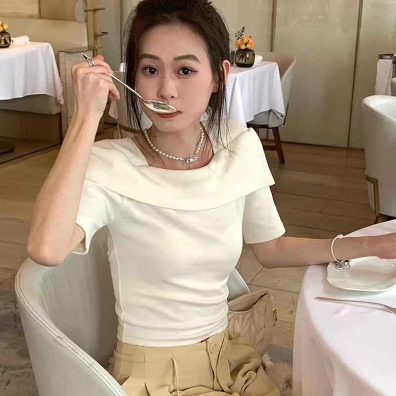 Korean Style Off-Shoulder Short-Sleeved T-Shirt Women'S Slim-Fit Slimming Short Design Sense Celebrity Style Top - Image 3