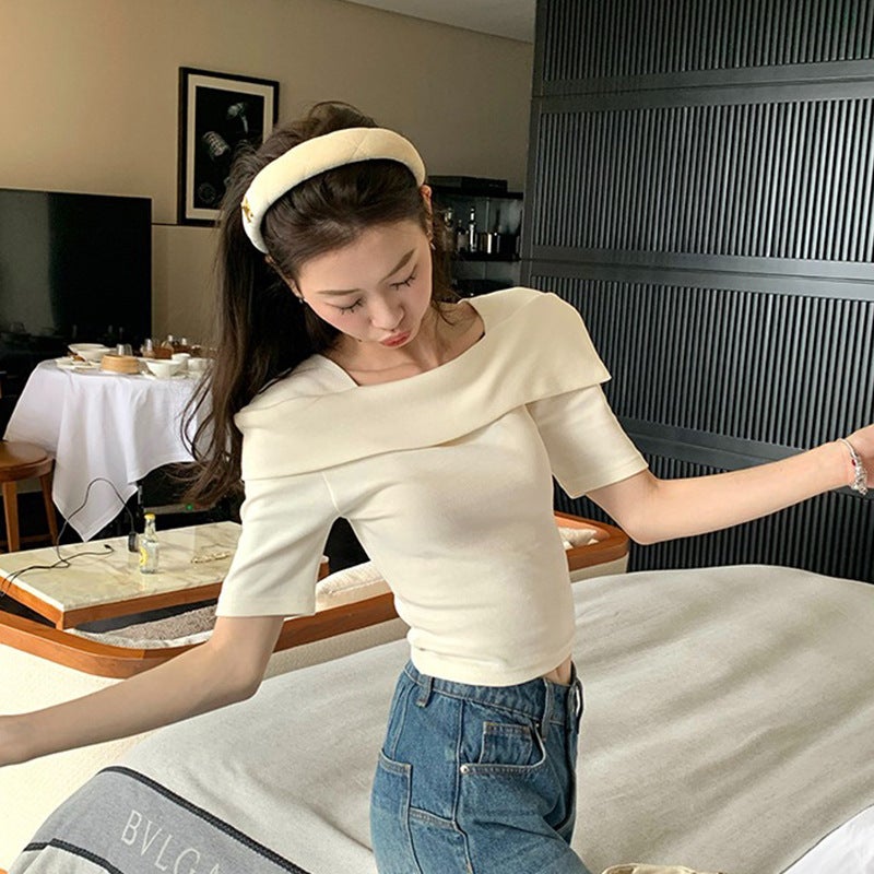 Korean Style Off-Shoulder Short-Sleeved T-Shirt Women'S Slim-Fit Slimming Short Design Sense Celebrity Style Top - Image 5