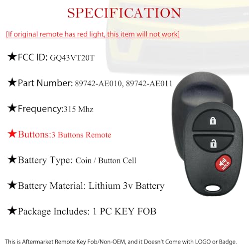 MechanMagic Key Fob Remote Replacement Fits for Toyota Tundra Tacoma Sienna Sequoia Highlander 2007 2008 2009 2010 2011 2012 2013 GQ43VT20T Keyless Entry Remote Control 89742-AE010 AE011 3Button - Image 4