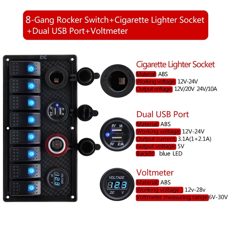 FXC Purishion 8 Gang Rocker Switch Panel with Dual USB & Power Socket 12V-24V for Car Marine Boat Trailer (S8230)?- - Image 3