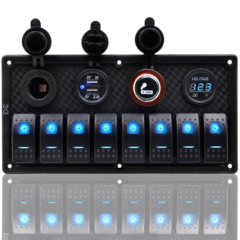 FXC Purishion 8 Gang Rocker Switch Panel with Dual USB & Power Socket 12V-24V for Car Marine Boat Trailer (S8230)?- - Image 1