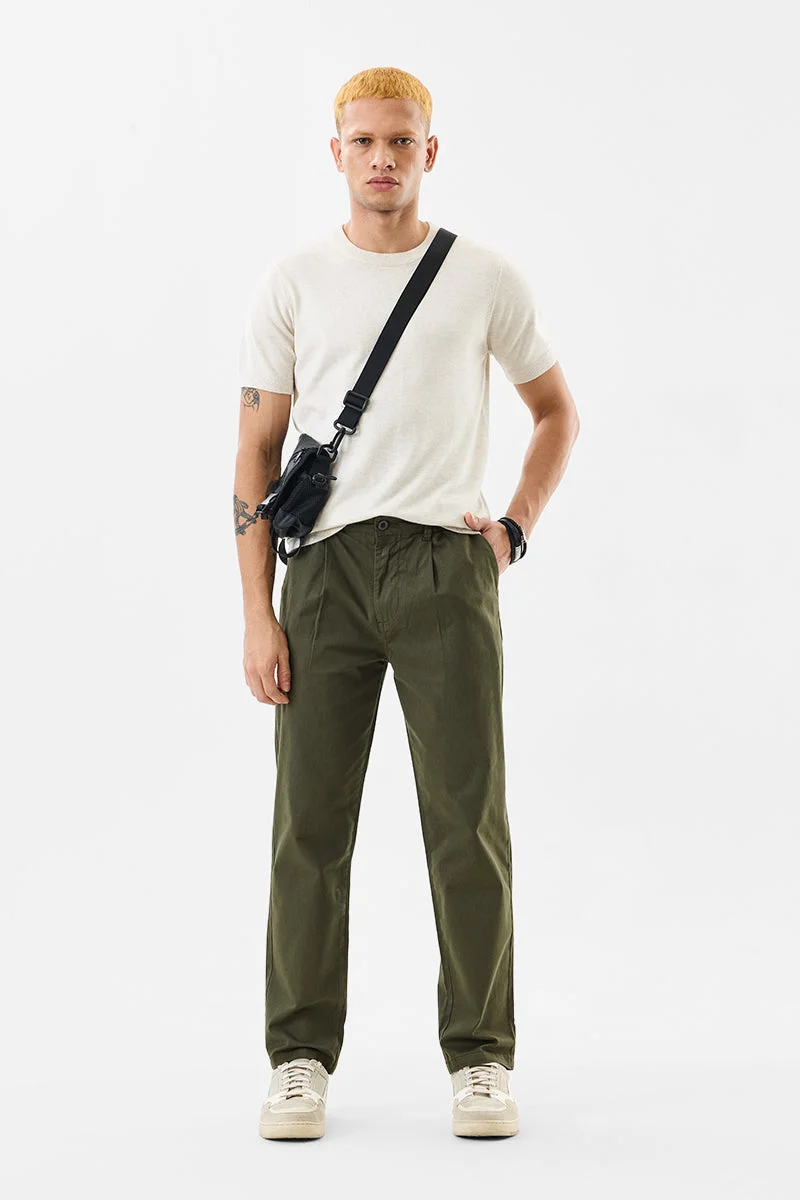SNITCH Olive Solid Slim Fit Casual Trousers
