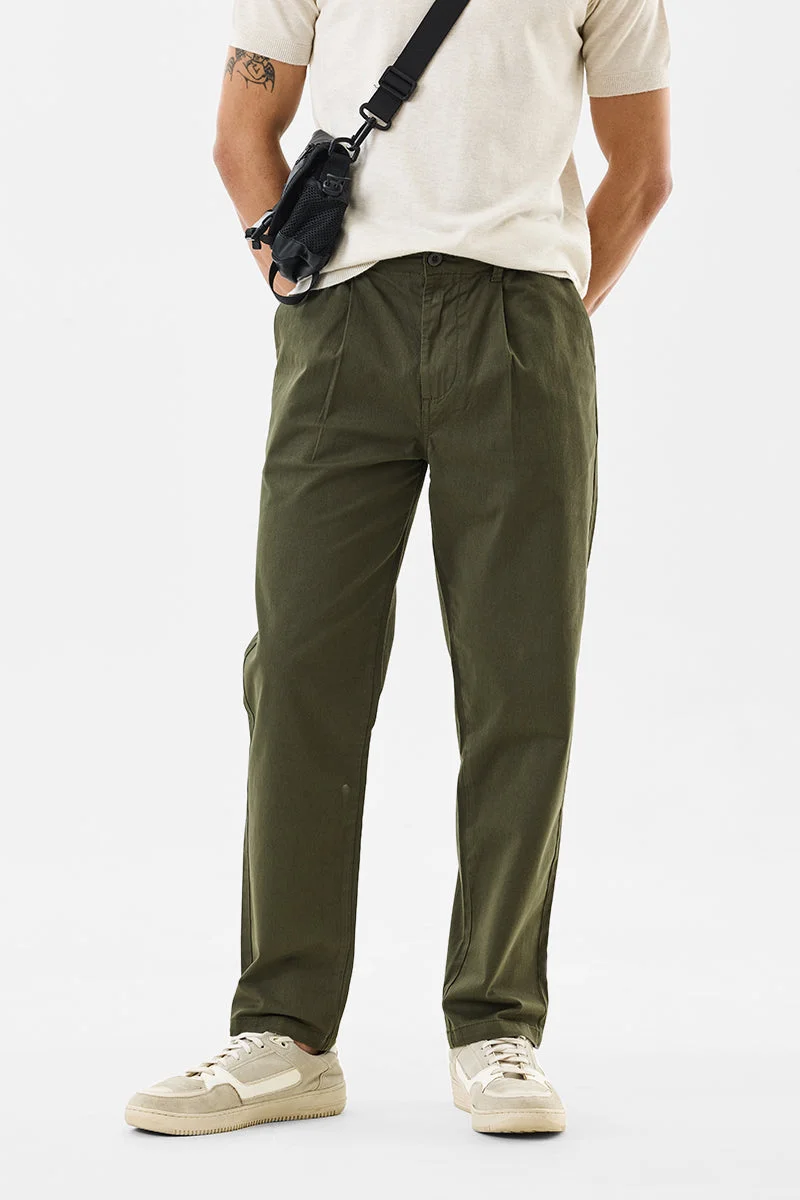 SNITCH Olive Solid Slim Fit Casual Trousers