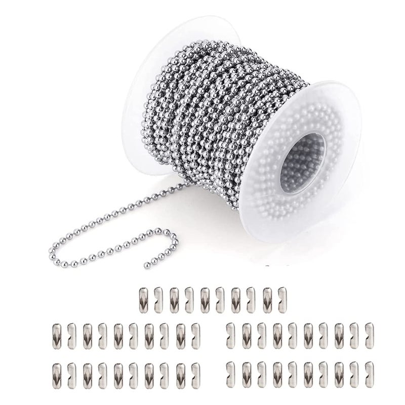 Wayilea Ball Bead Chain Stainless Steel 36 Feet Silver Metal 3 Bead Chain with 50pcs Connectors Clasps Dog Tag Necklace Key Chains for Making DIY Crafts 24mm Ball 1 Roll 11 Meters